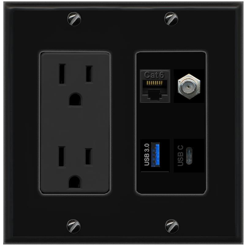 RiteAV CAT6 COAX USB-3 USBC Wall Plate with 15A Power Outlet [Black]
