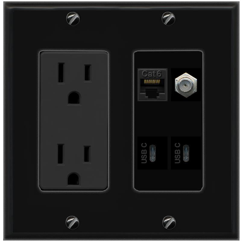 RiteAV CAT6 COAX 2 USBC Wall Plate with 15A Power Outlet [Black]