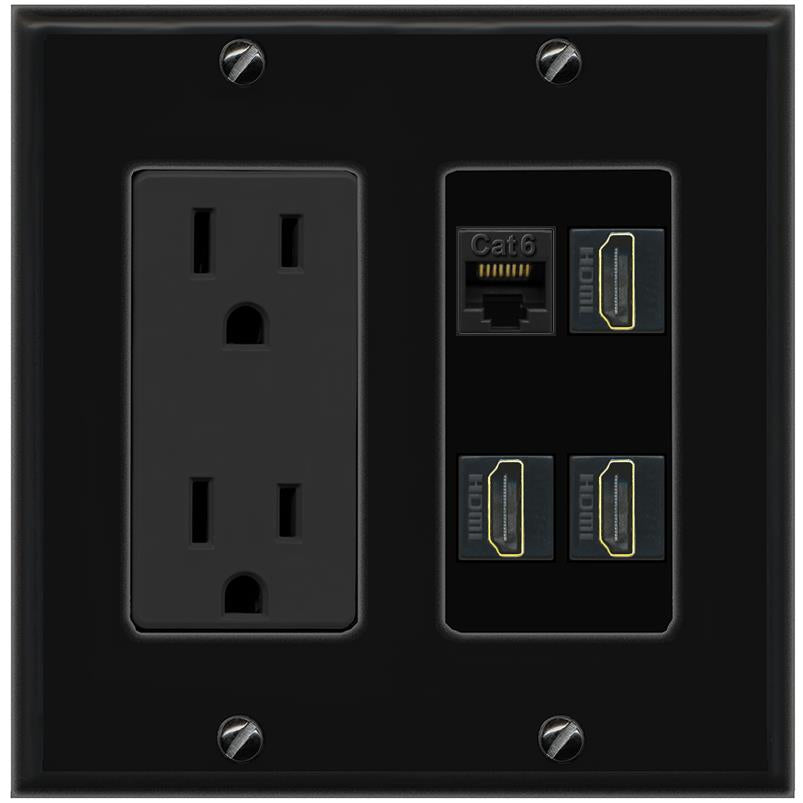 RiteAV CAT6 3 HDMI Wall Plate with 15A Power Outlet [Black]