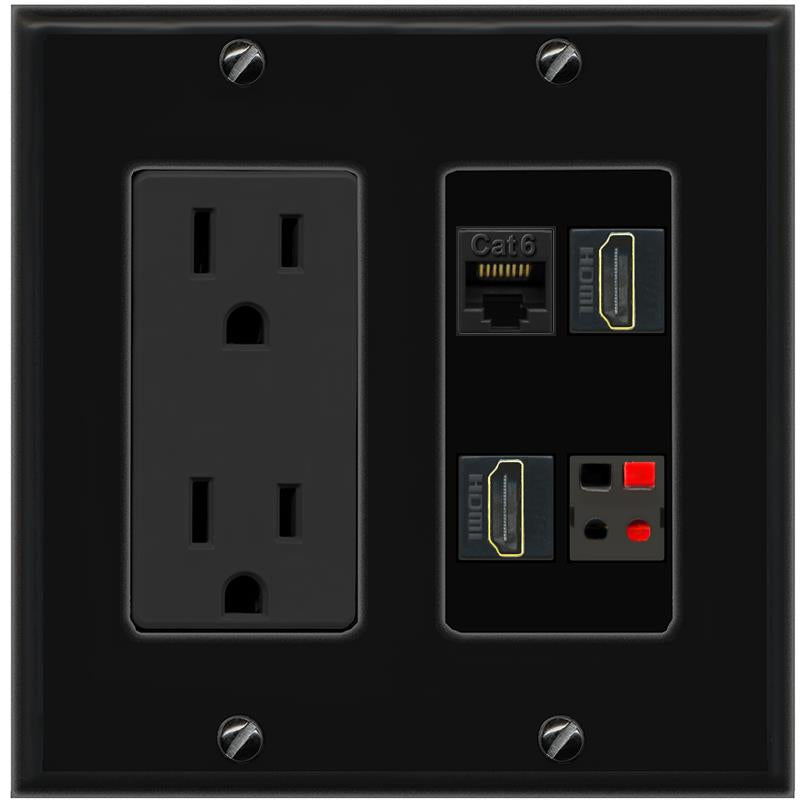 RiteAV CAT6 2 HDMI SPEAKER Wall Plate with 15A Power Outlet [Black]