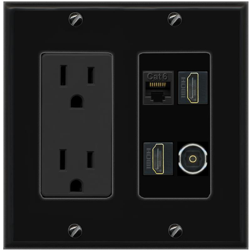 RiteAV CAT6 2 HDMI TOSLINK Wall Plate with 15A Power Outlet [Black]