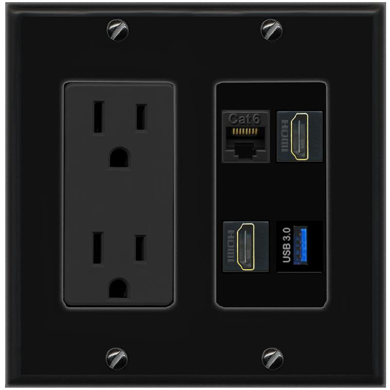 RiteAV CAT6 2 HDMI USB-3 Wall Plate with 15A Power Outlet [Black]
