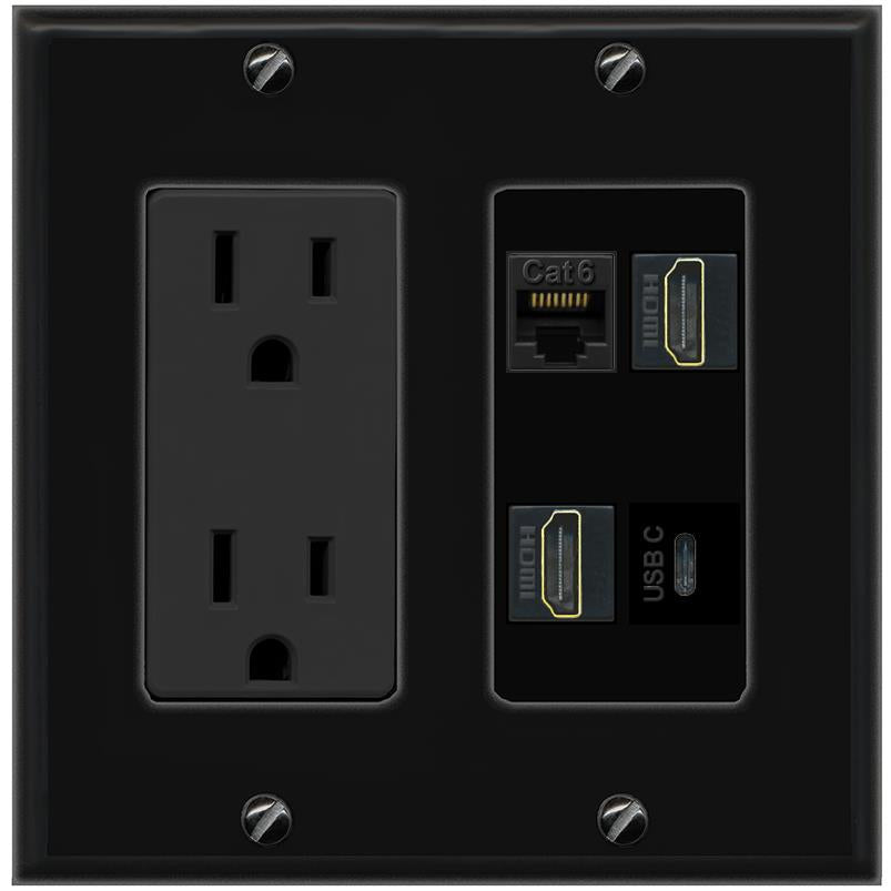 RiteAV CAT6 2 HDMI USBC Wall Plate with 15A Power Outlet [Black]