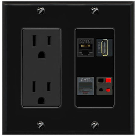 RiteAV CAT6 HDMI PHONE SPEAKER Wall Plate with 15A Power Outlet [Black]