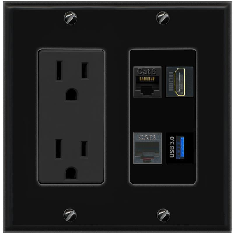 RiteAV CAT6 HDMI PHONE USB-3 Wall Plate with 15A Power Outlet [Black]