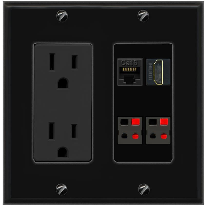 RiteAV CAT6 HDMI 2 SPEAKER Wall Plate with 15A Power Outlet [Black]
