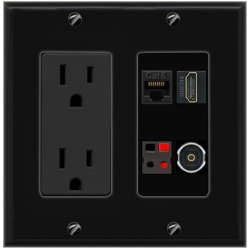 RiteAV CAT6 HDMI SPEAKER TOSLINK Wall Plate with 15A Power Outlet [Black]
