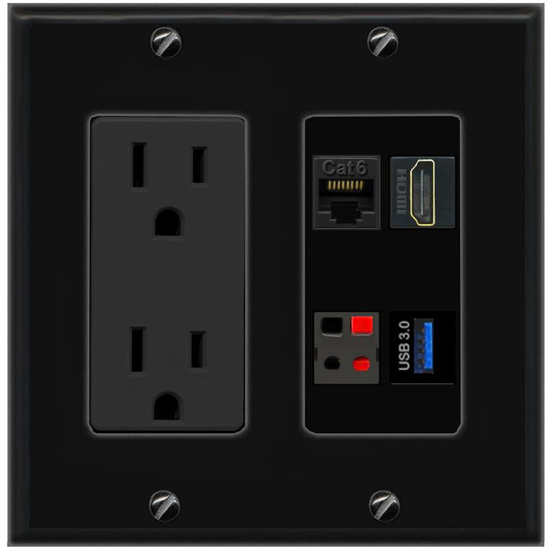 RiteAV CAT6 HDMI SPEAKER USB-3 Wall Plate with 15A Power Outlet [Black]