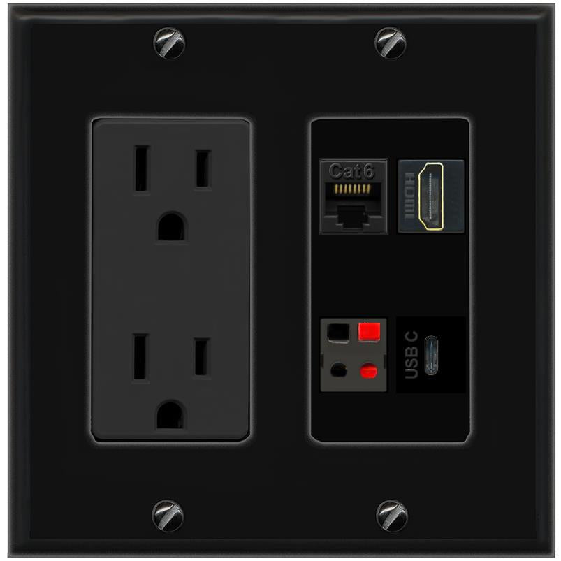 RiteAV CAT6 HDMI SPEAKER USBC Wall Plate with 15A Power Outlet [Black]