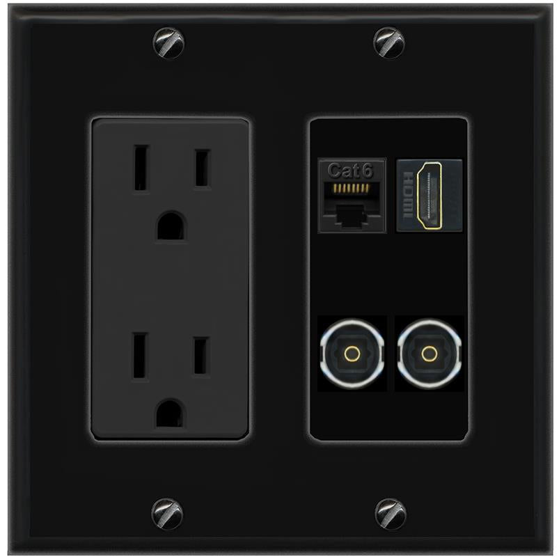 RiteAV CAT6 HDMI 2 TOSLINK Wall Plate with 15A Power Outlet [Black]