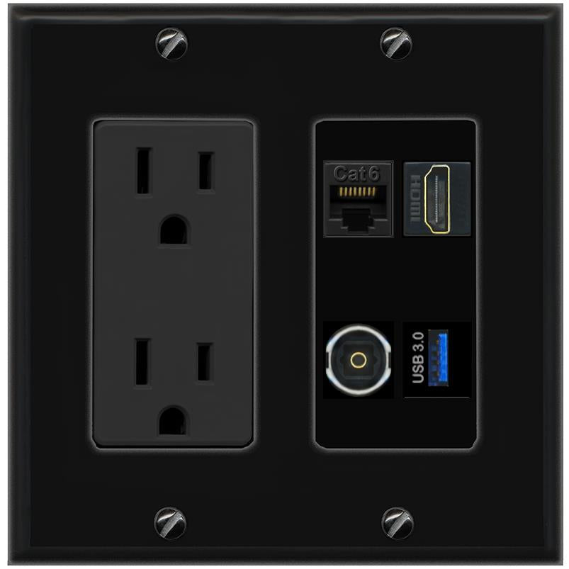 RiteAV CAT6 HDMI TOSLINK USB-3 Wall Plate with 15A Power Outlet [Black]