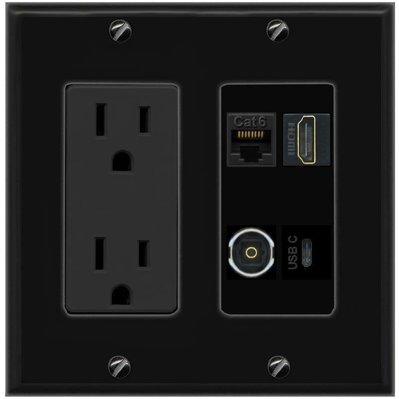 RiteAV CAT6 HDMI TOSLINK USBC Wall Plate with 15A Power Outlet [Black]