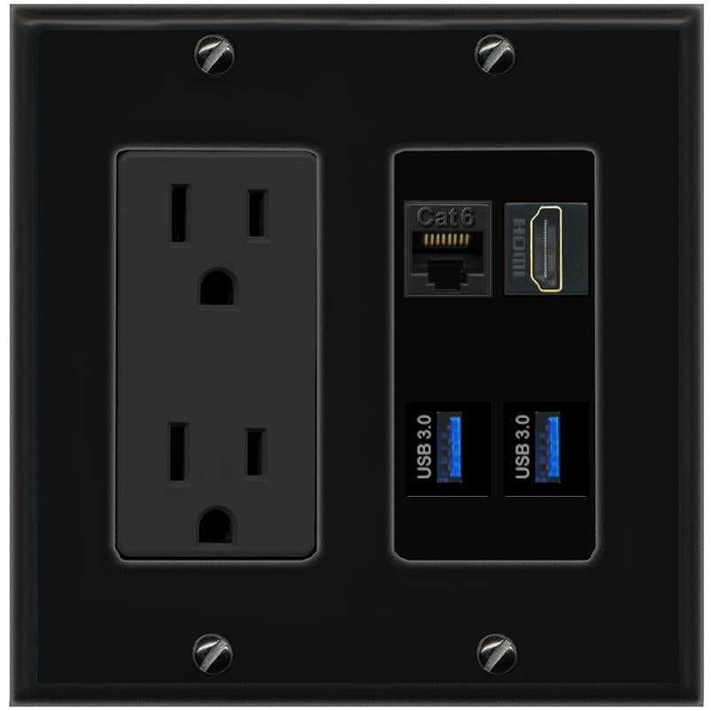 RiteAV CAT6 HDMI 2 USB-3 Wall Plate with 15A Power Outlet [Black]
