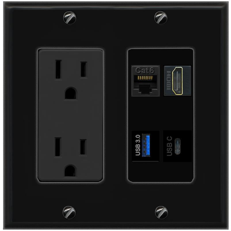 RiteAV CAT6 HDMI USB-3 USBC Wall Plate with 15A Power Outlet [Black]
