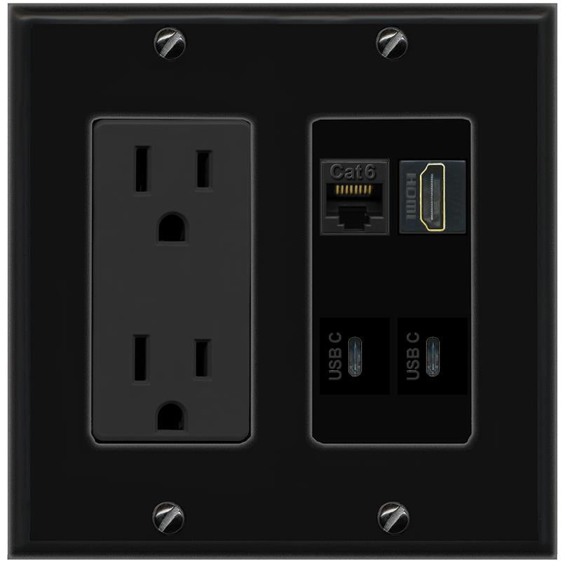 RiteAV CAT6 HDMI 2 USBC Wall Plate with 15A Power Outlet [Black]