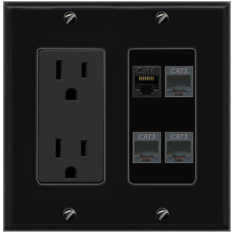 RiteAV CAT6 3 PHONE Wall Plate with 15A Power Outlet [Black]