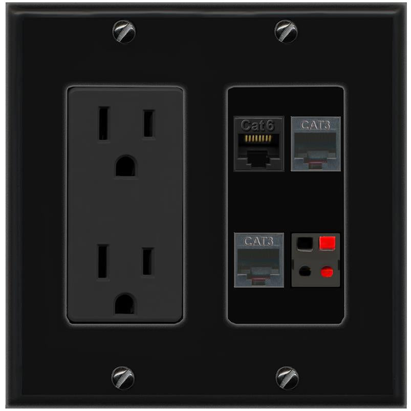 RiteAV CAT6 2 PHONE SPEAKER Wall Plate with 15A Power Outlet [Black]