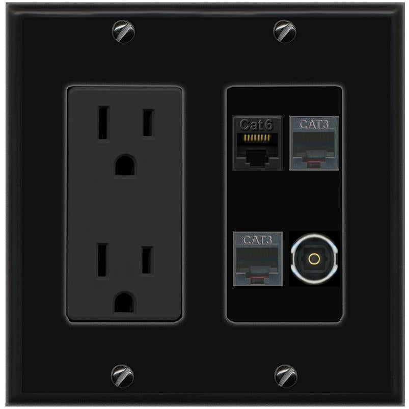 RiteAV CAT6 2 PHONE TOSLINK Wall Plate with 15A Power Outlet [Black]