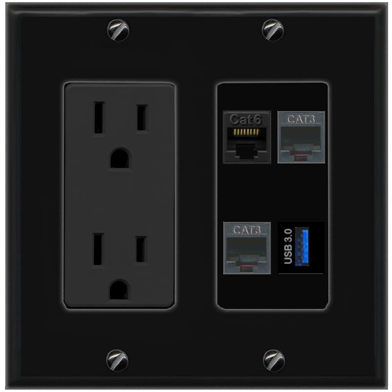 RiteAV CAT6 2 PHONE USB-3 Wall Plate with 15A Power Outlet [Black]