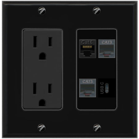 RiteAV CAT6 2 PHONE USBC Wall Plate with 15A Power Outlet [Black]