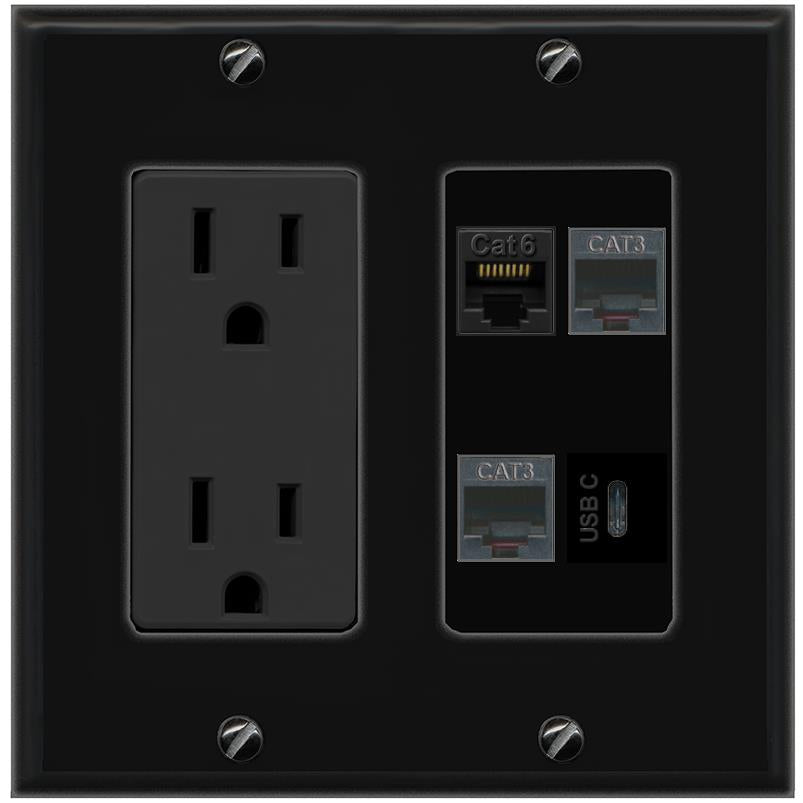 RiteAV CAT6 2 PHONE USBC Wall Plate with 15A Power Outlet [Black]