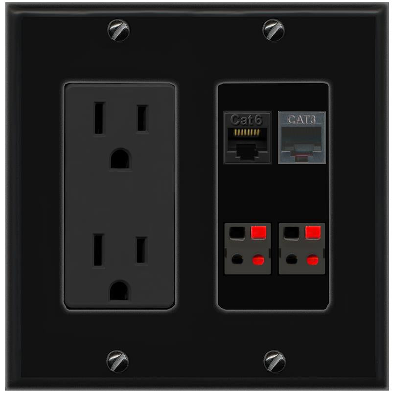 RiteAV CAT6 PHONE 2 SPEAKER Wall Plate with 15A Power Outlet [Black]