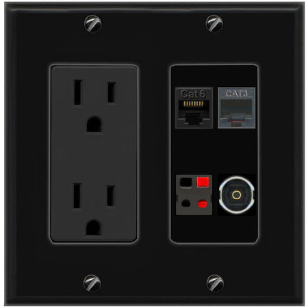RiteAV CAT6 PHONE SPEAKER TOSLINK Wall Plate with 15A Power Outlet [Black]
