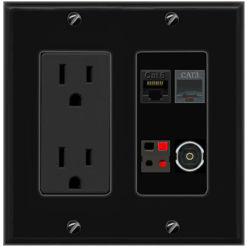 RiteAV CAT6 PHONE SPEAKER TOSLINK Wall Plate with 15A Power Outlet [Black]
