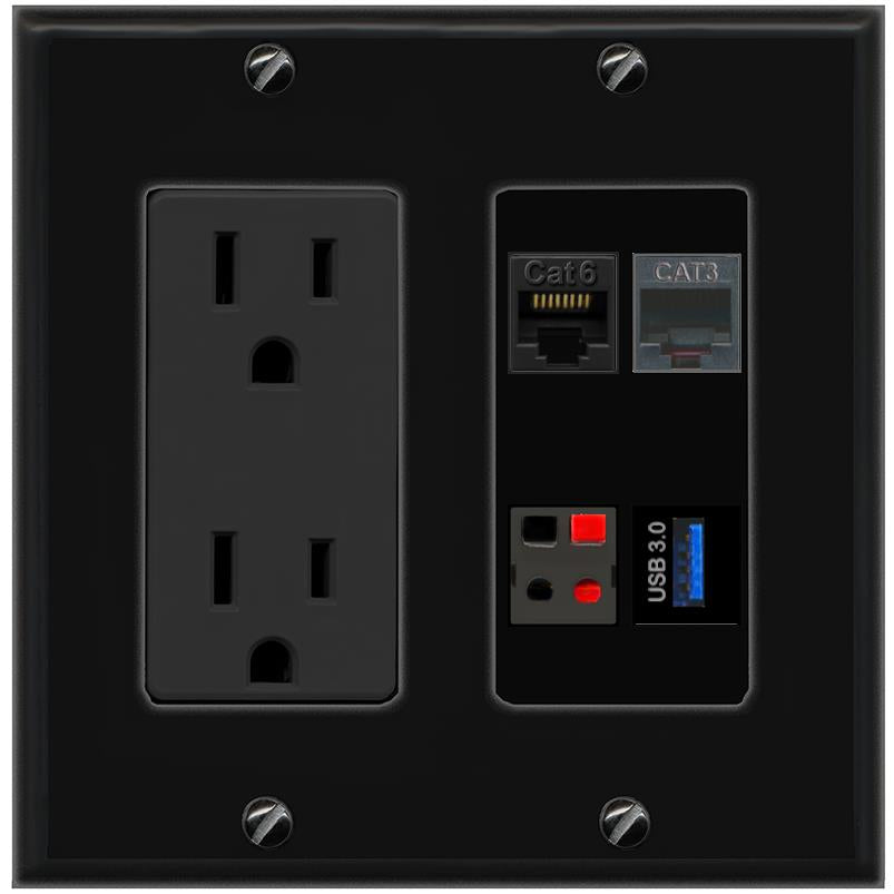 RiteAV CAT6 PHONE SPEAKER USB-3 Wall Plate with 15A Power Outlet [Black]