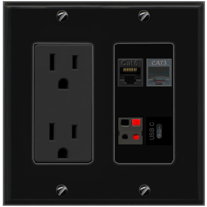 RiteAV CAT6 PHONE SPEAKER USBC Wall Plate with 15A Power Outlet [Black]