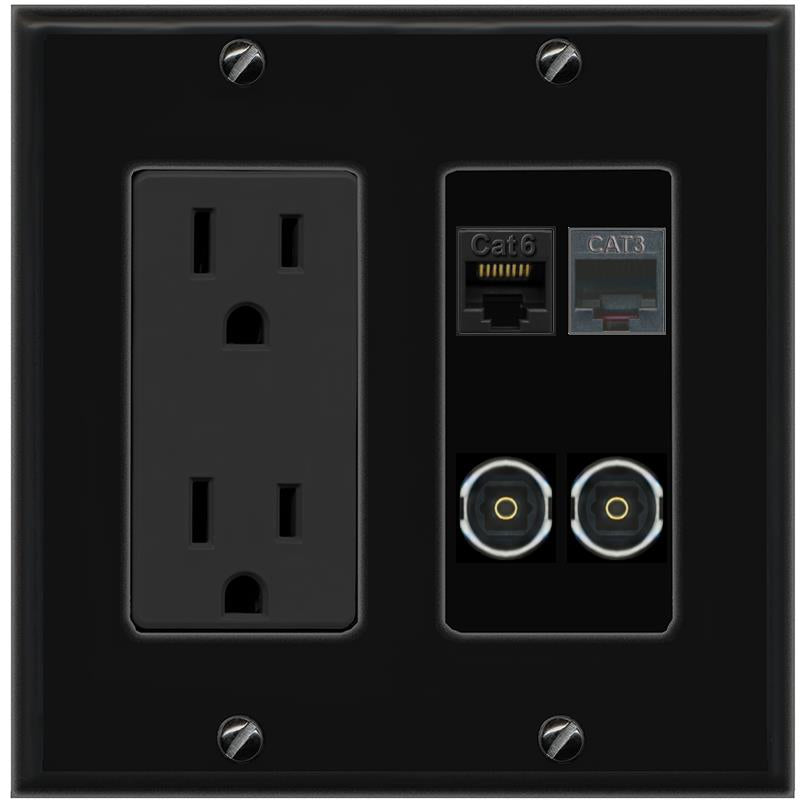 RiteAV CAT6 PHONE 2 TOSLINK Wall Plate with 15A Power Outlet [Black]