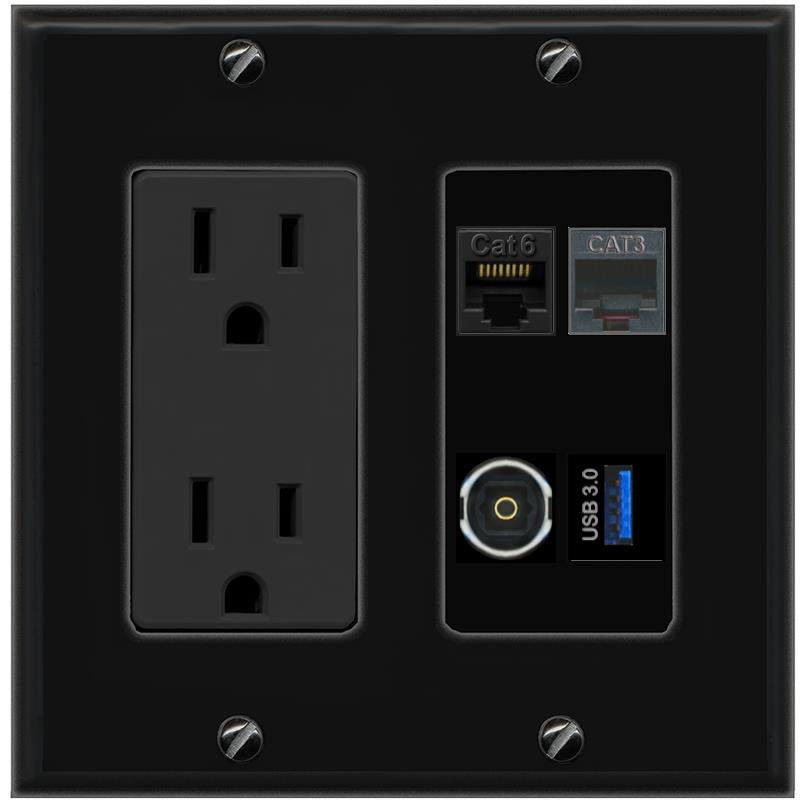 RiteAV CAT6 PHONE TOSLINK USB-3 Wall Plate with 15A Power Outlet [Black]