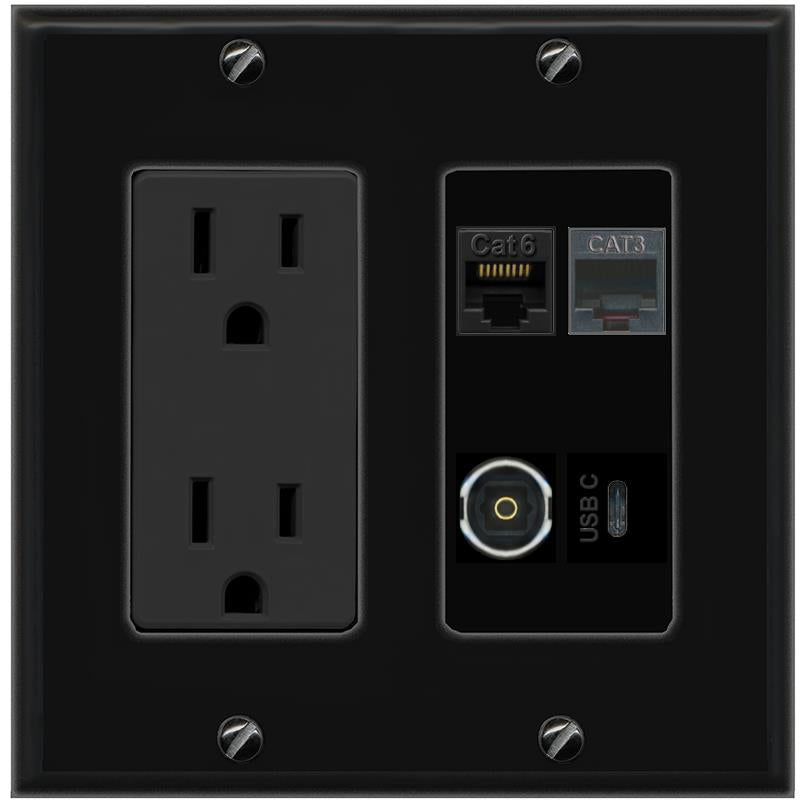 RiteAV CAT6 PHONE TOSLINK USBC Wall Plate with 15A Power Outlet [Black]