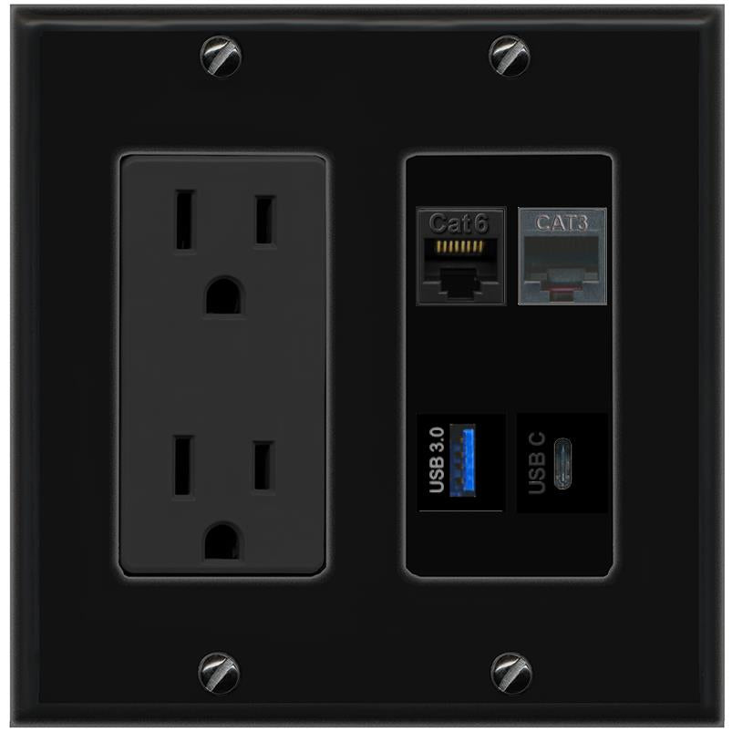 RiteAV CAT6 PHONE USB-3 USBC Wall Plate with 15A Power Outlet [Black]