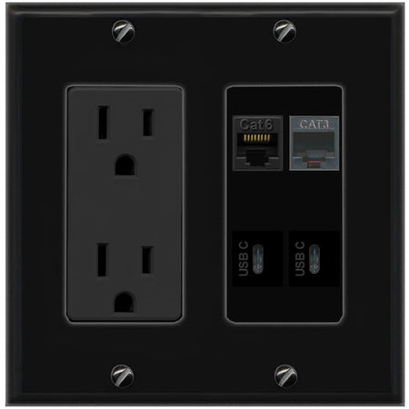 RiteAV CAT6 PHONE 2 USBC Wall Plate with 15A Power Outlet [Black]