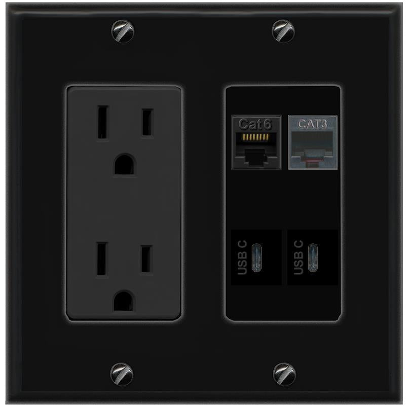 RiteAV CAT6 PHONE 2 USBC Wall Plate with 15A Power Outlet [Black]