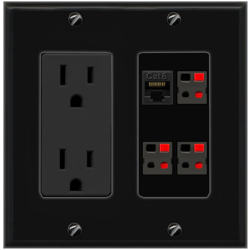 RiteAV CAT6 3 SPEAKER Wall Plate with 15A Power Outlet [Black]