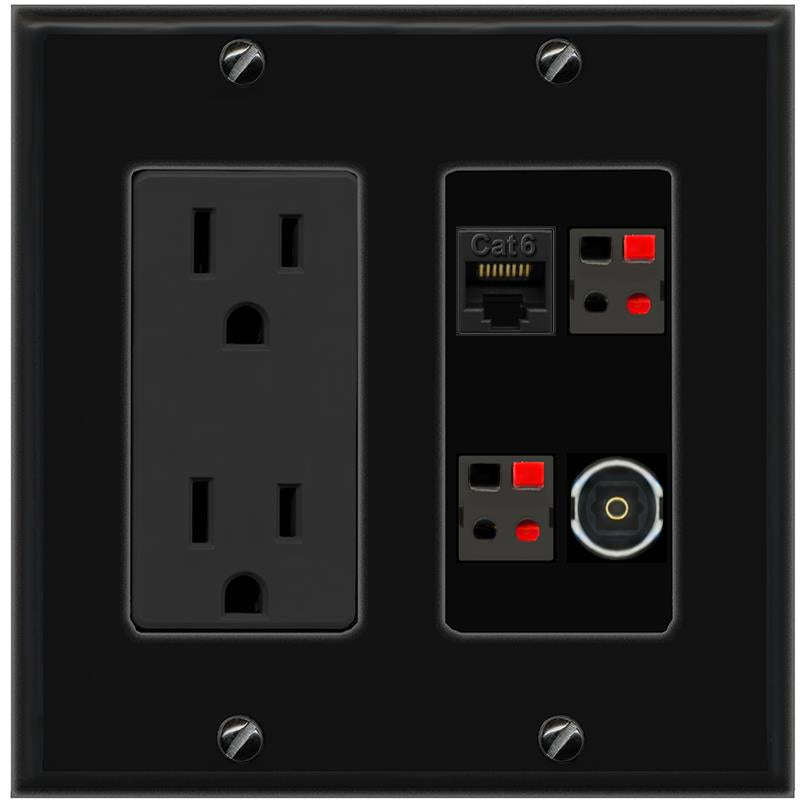 RiteAV CAT6 2 SPEAKER TOSLINK Wall Plate with 15A Power Outlet [Black]