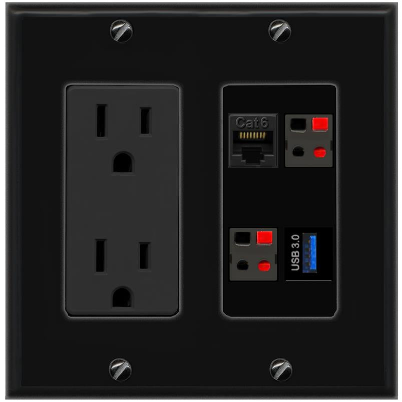 RiteAV CAT6 2 SPEAKER USB-3 Wall Plate with 15A Power Outlet [Black]