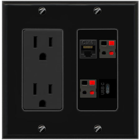 RiteAV CAT6 2 SPEAKER USBC Wall Plate with 15A Power Outlet [Black]