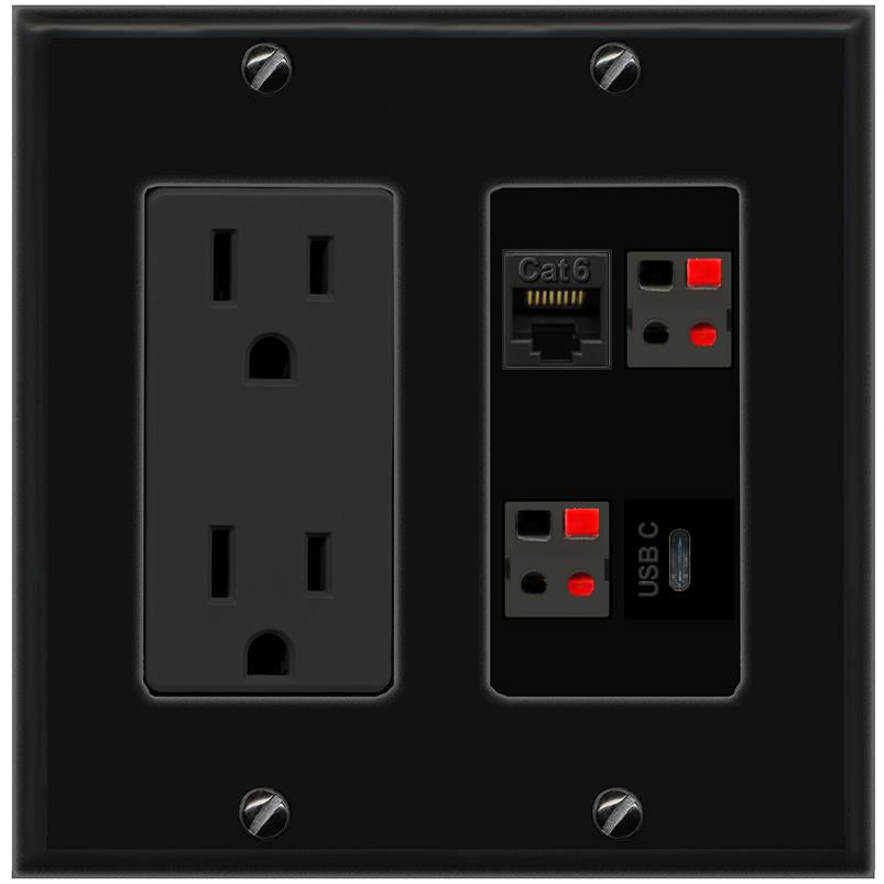 RiteAV CAT6 2 SPEAKER USBC Wall Plate with 15A Power Outlet [Black]
