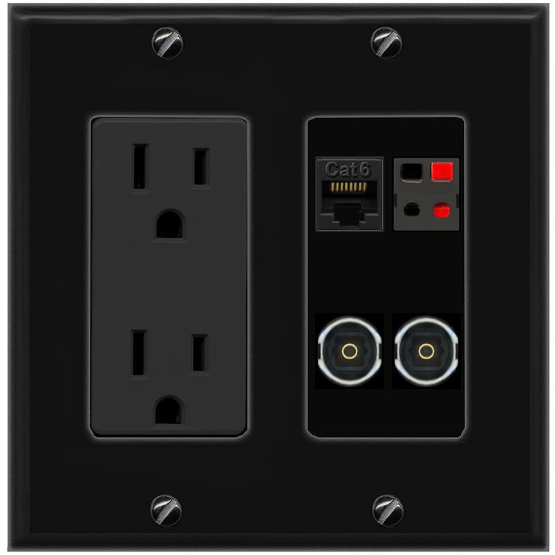 RiteAV CAT6 SPEAKER 2 TOSLINK Wall Plate with 15A Power Outlet [Black]
