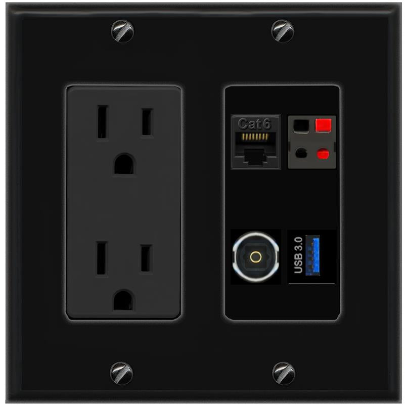RiteAV CAT6 SPEAKER TOSLINK USB-3 Wall Plate with 15A Power Outlet [Black]