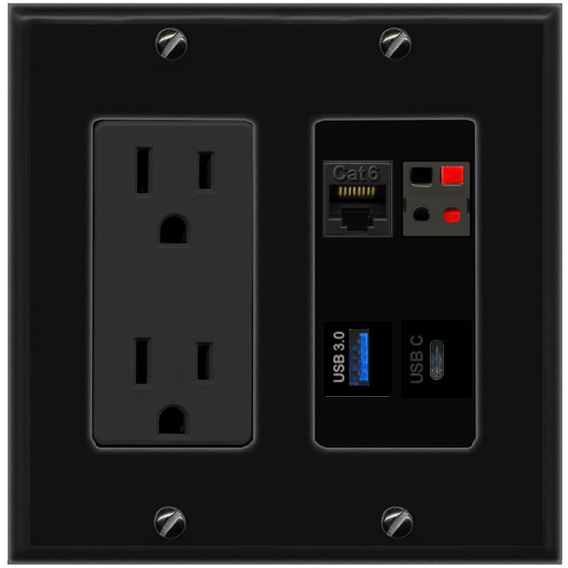 RiteAV CAT6 SPEAKER USB-3 USBC Wall Plate with 15A Power Outlet [Black]