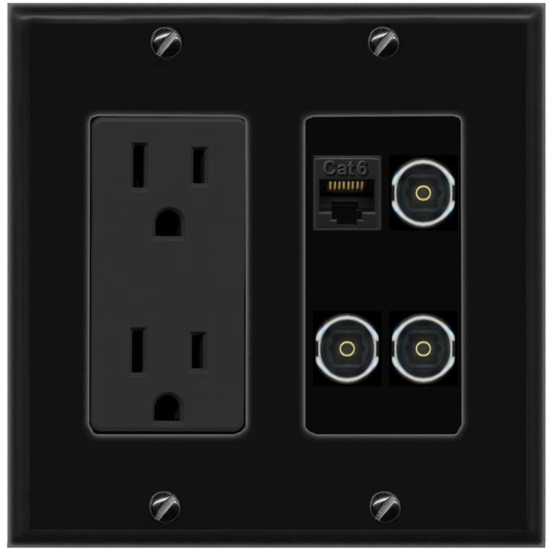 RiteAV CAT6 3 TOSLINK Wall Plate with 15A Power Outlet [Black]