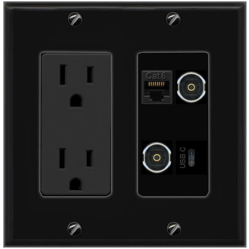 RiteAV CAT6 2 TOSLINK USBC Wall Plate with 15A Power Outlet [Black]
