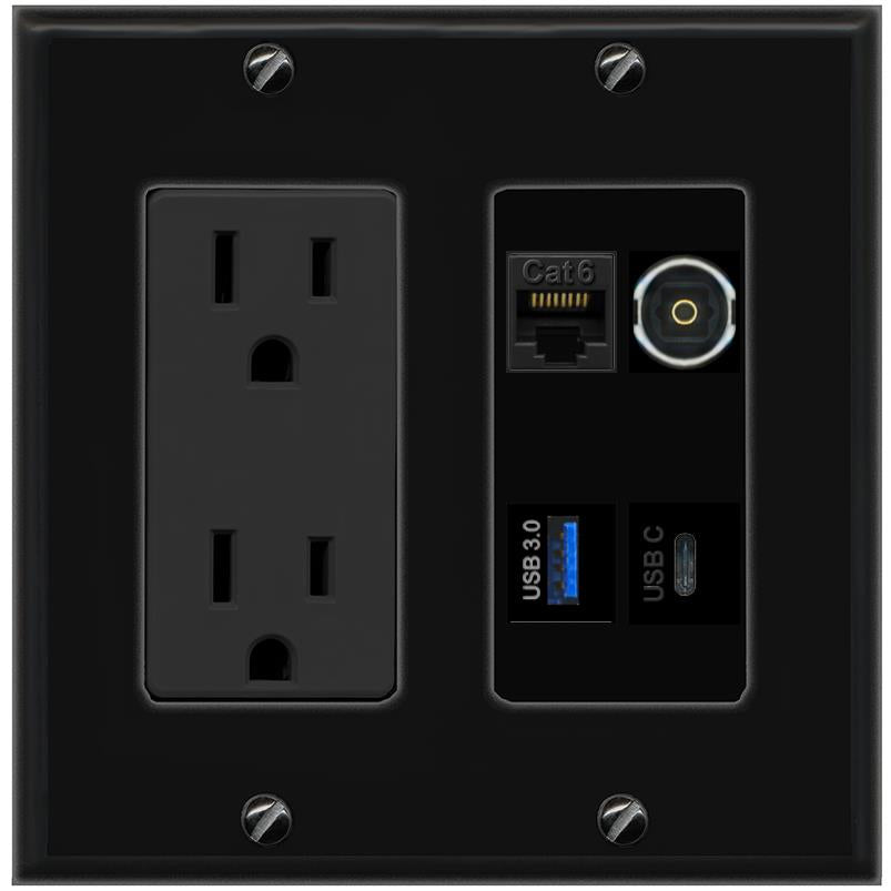 RiteAV CAT6 TOSLINK USB-3 USBC Wall Plate with 15A Power Outlet [Black]
