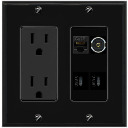 RiteAV CAT6 TOSLINK 2 USBC Wall Plate with 15A Power Outlet [Black]