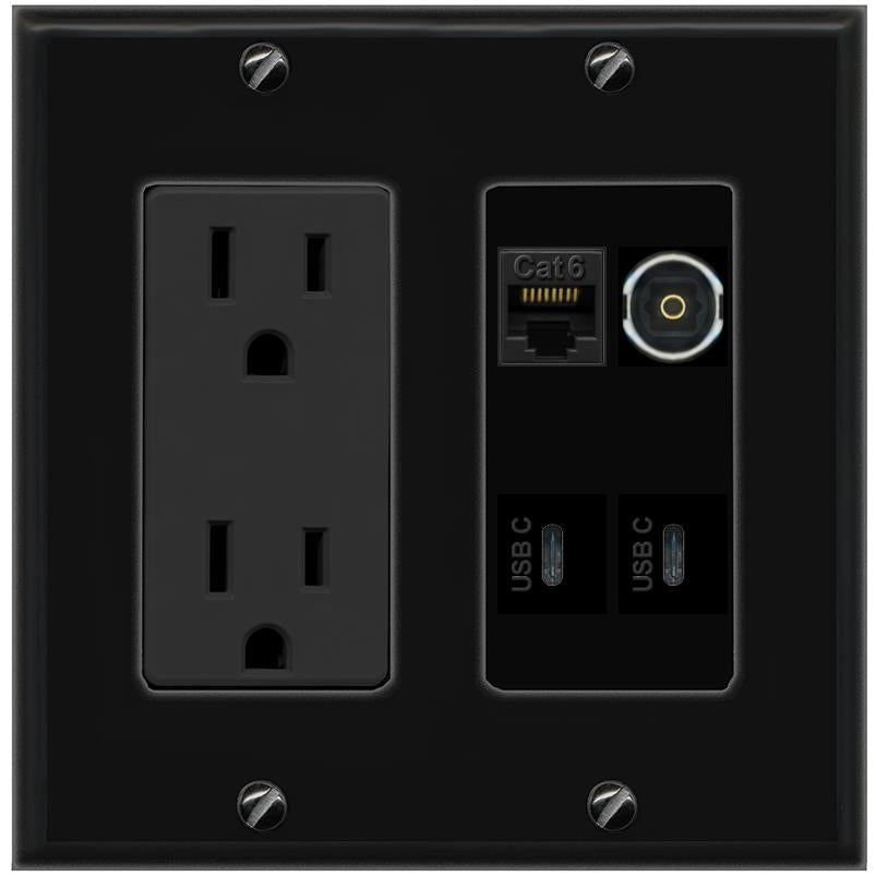 RiteAV CAT6 TOSLINK 2 USBC Wall Plate with 15A Power Outlet [Black]