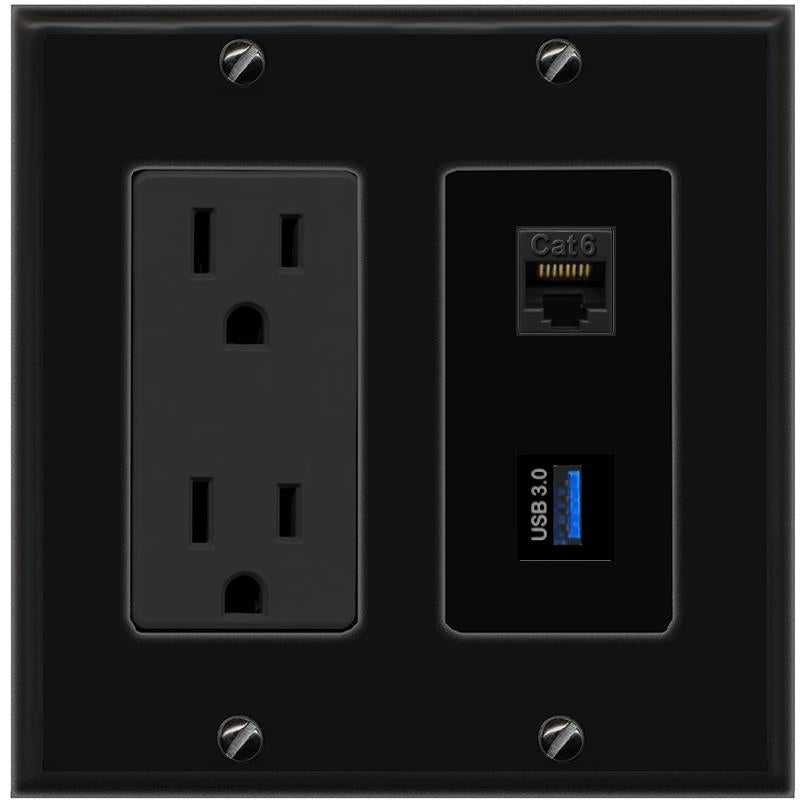 1 CAT6 1 USB-3 Wall Plate [Black]